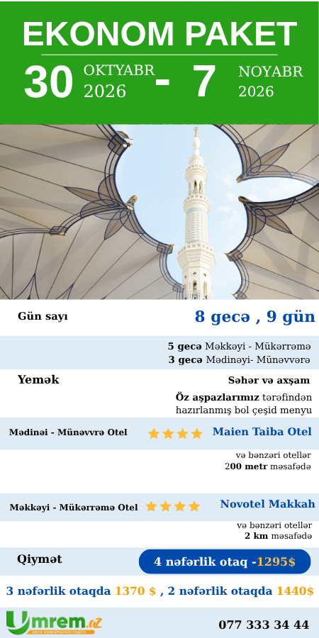 Ümrə ziyarəti 30 oktyabr - 7 noyabr 2026 ekonom paket