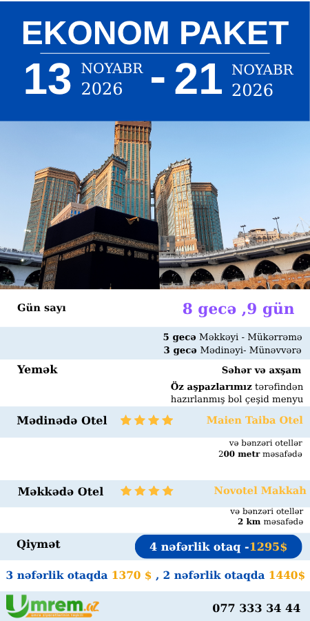 Ümrə ziyarəti 13-21 noyabr 2026 ekonom paket