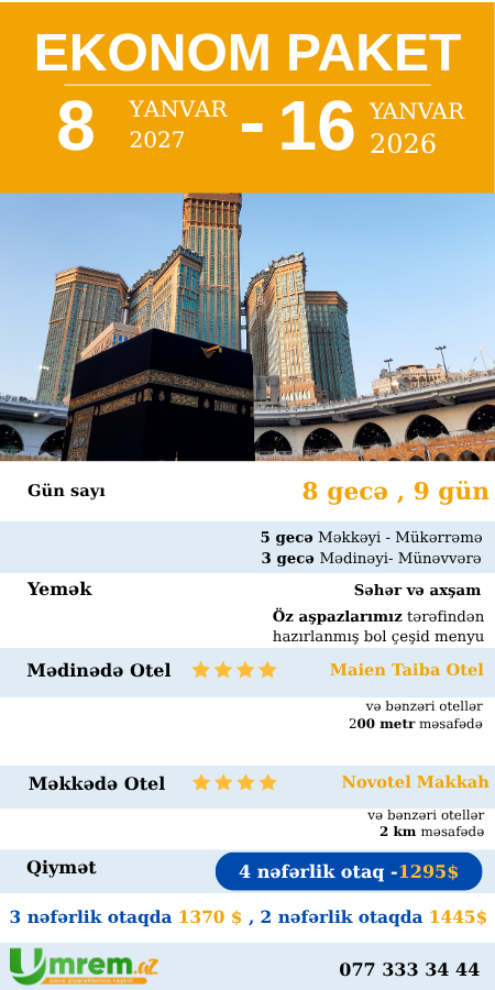 Ümrə ziyarəti 8-16 yanvar 2027 ekonom paket